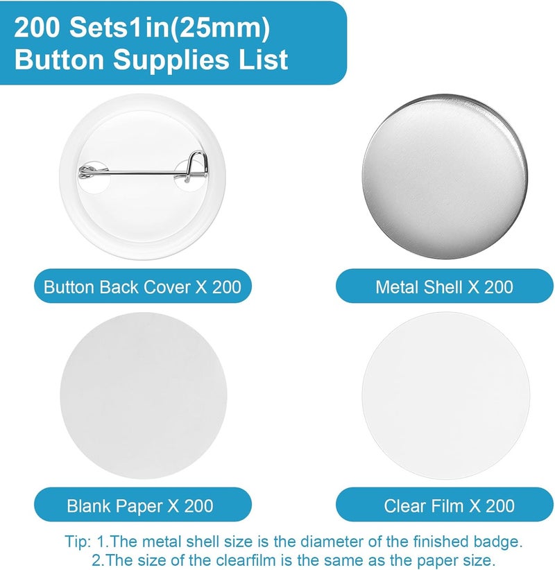KUNTAERY 200 Sets 1 Inch Button Maker Supplies, 25mm Round Badge Parts with Metal Covers, Plastic Pin Backs, Clear Film & Blank Paper, Perfect for Button Maker Machine & Badge Press - Image 2
